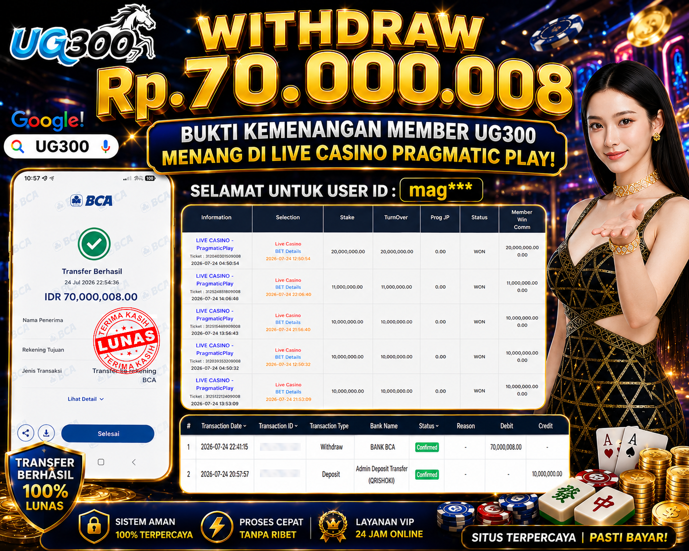 UG300 BERMAIN LIVE CASINO PRAGMATIC PLAY DAN MENANG WD Rp.70,000,008- DI BAYAR TUNTAS